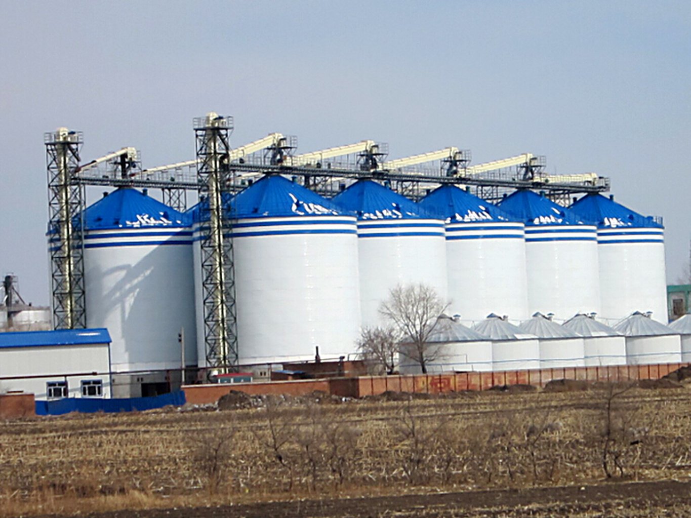 Row of grain silos linked by a catwalk gantry for integrated monitoring
